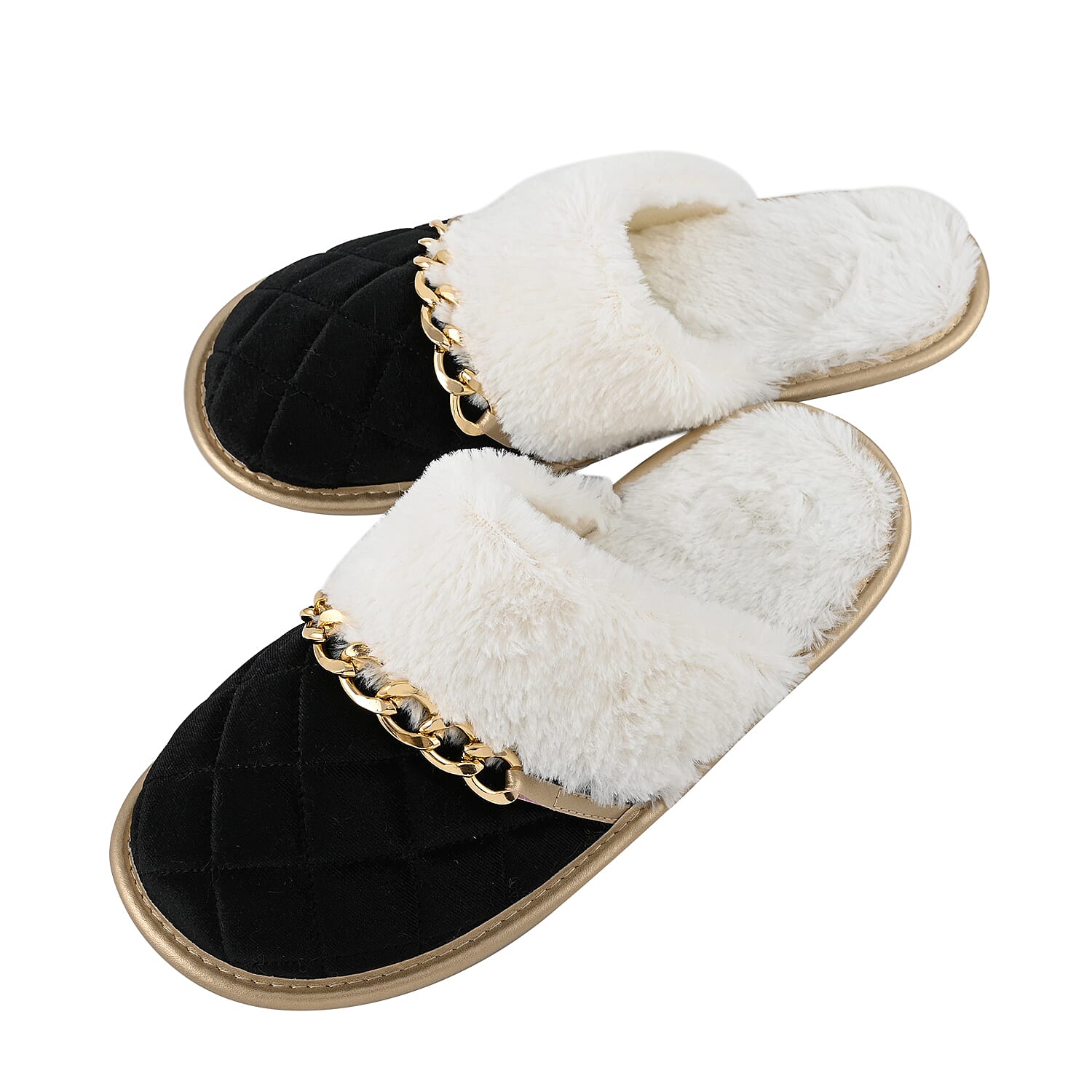 Sole Selection Black Quilted Plush Slippers with Gold Chain - L
