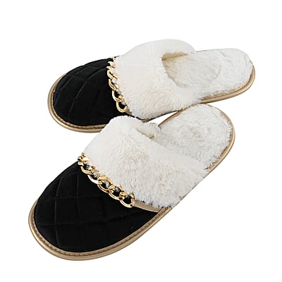 Sole Selection Black Quilted Plush Slippers with Gold Chain - L
