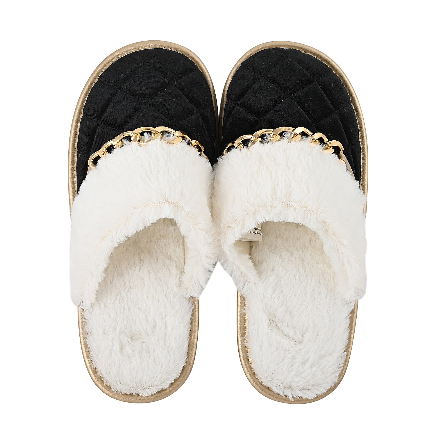 Sole Selection Black Quilted Plush Slippers with Gold Chain - L