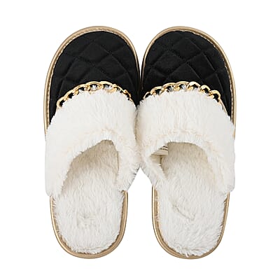 Sole Selection Black Quilted Plush Slippers with Gold Chain - L