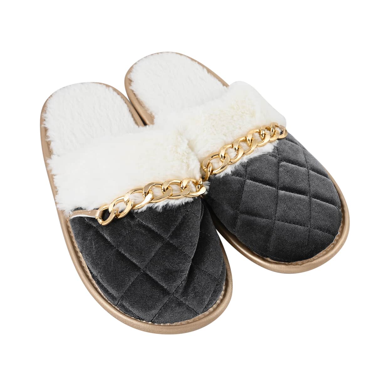 Sole Selection Black Quilted Plush Slippers with Gold Chain ( Ships in 8-10 Days). image number 0