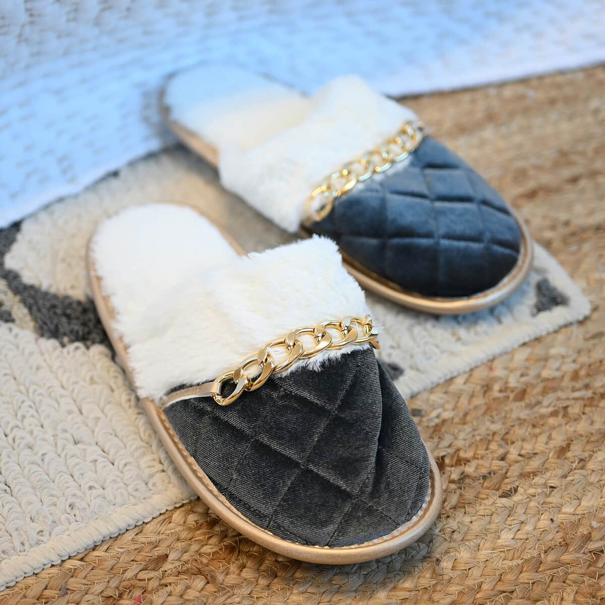 Sole Selection Black Quilted Plush Slippers with Gold Chain ( Ships in 8-10 Days). image number 1