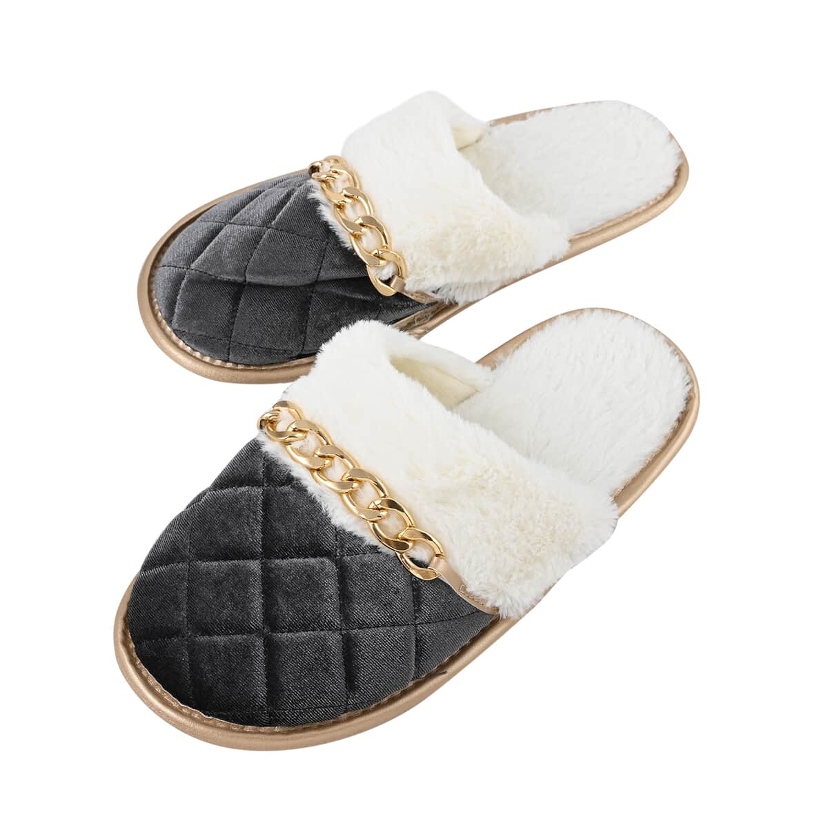 Sole Selection Black Quilted Plush Slippers with Gold Chain ( Ships in 8-10 Days). image number 2