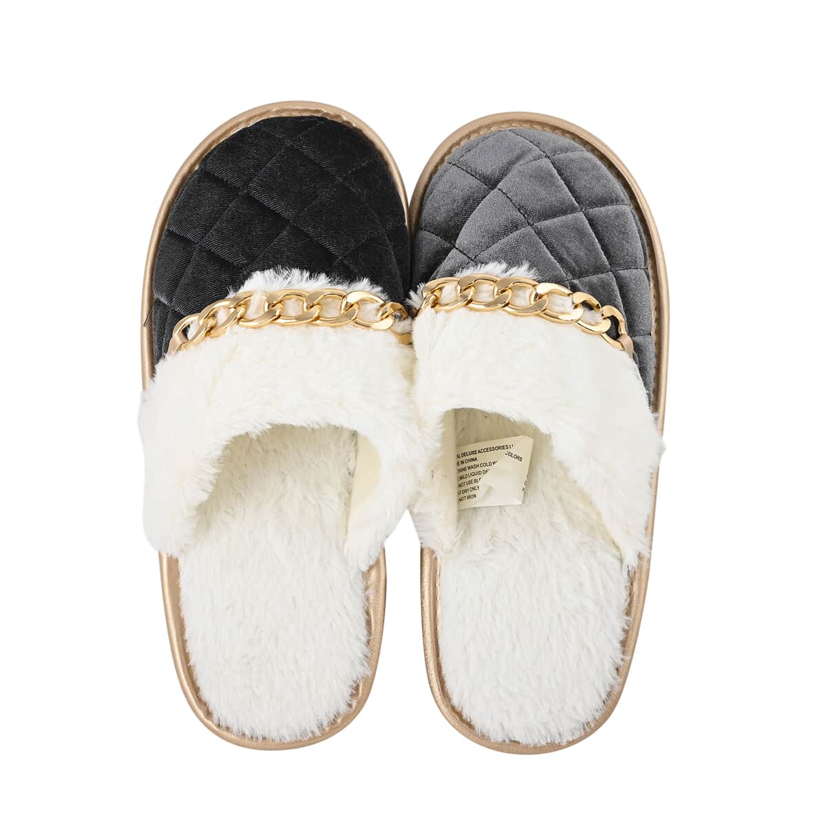 Sole Selection Black Quilted Plush Slippers with Gold Chain ( Ships in 8-10 Days). image number 3