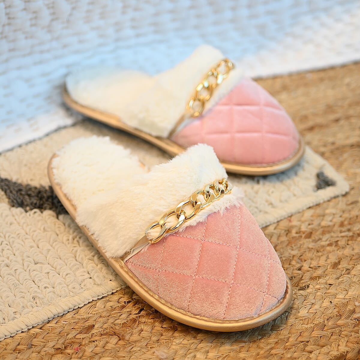 Sole Selection Pink Quilted Plush Slippers with Gold Chain - L image number 1