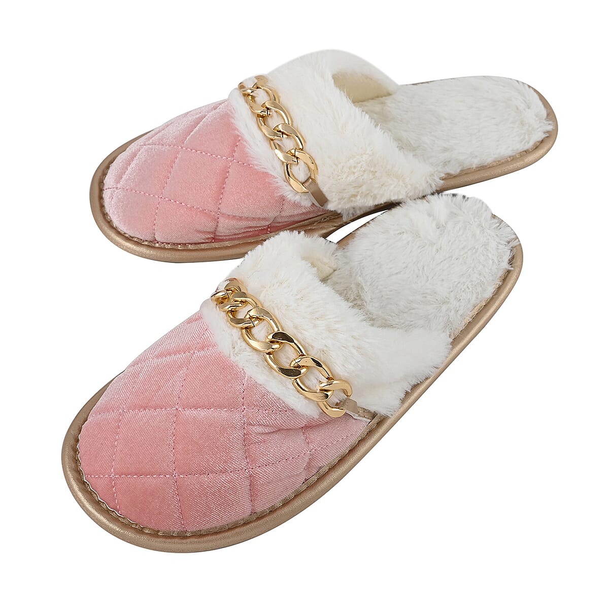 Sole Selection Pink Quilted Plush Slippers with Gold Chain - L image number 2