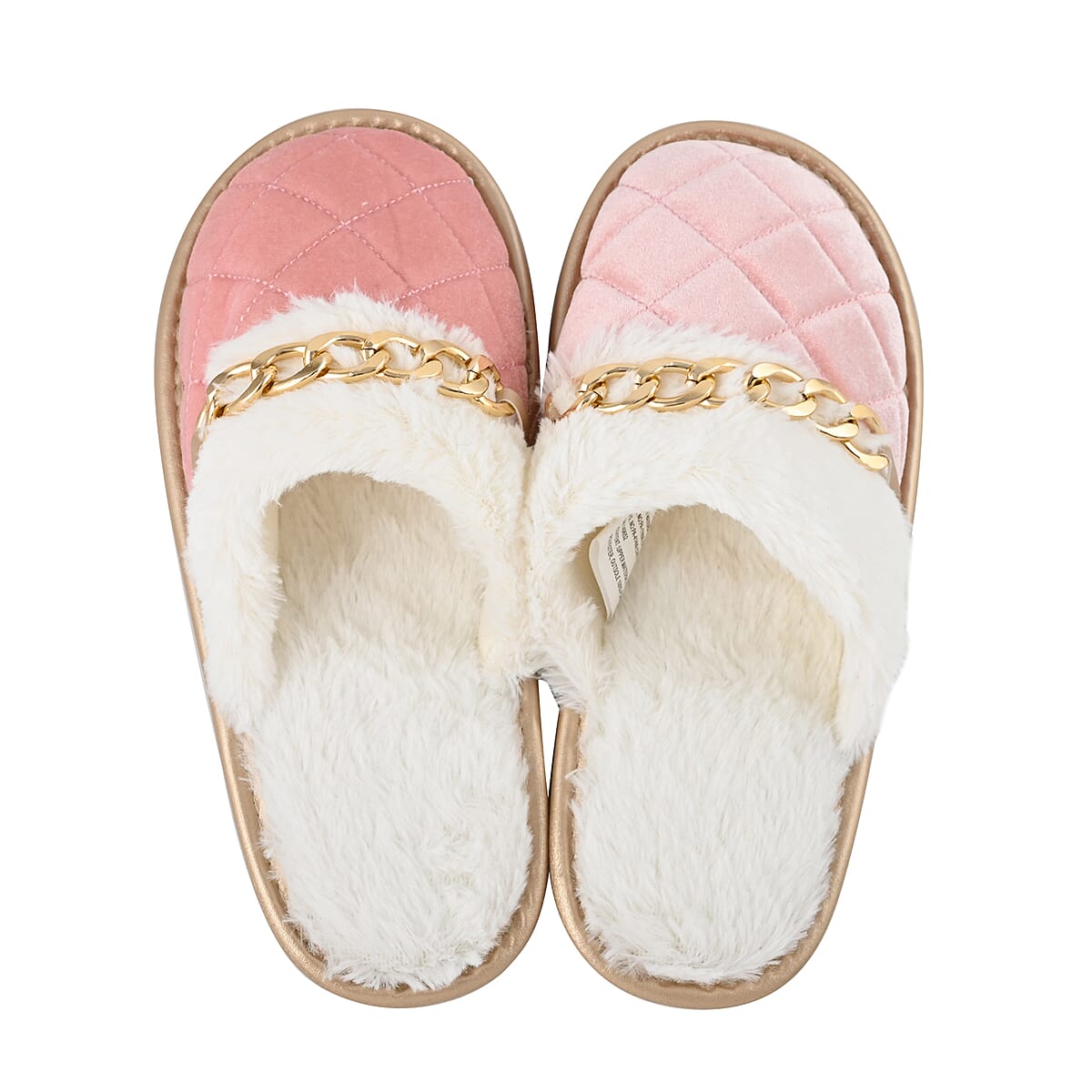 Sole Selection Pink Quilted Plush Slippers with Gold Chain - L image number 3