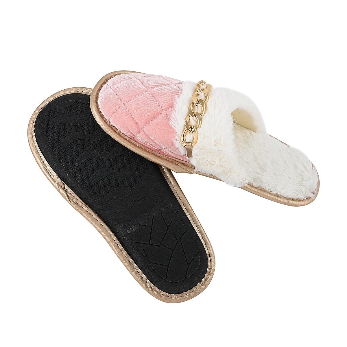 Sole Selection Pink Quilted Plush Slippers with Gold Chain - L image number 4