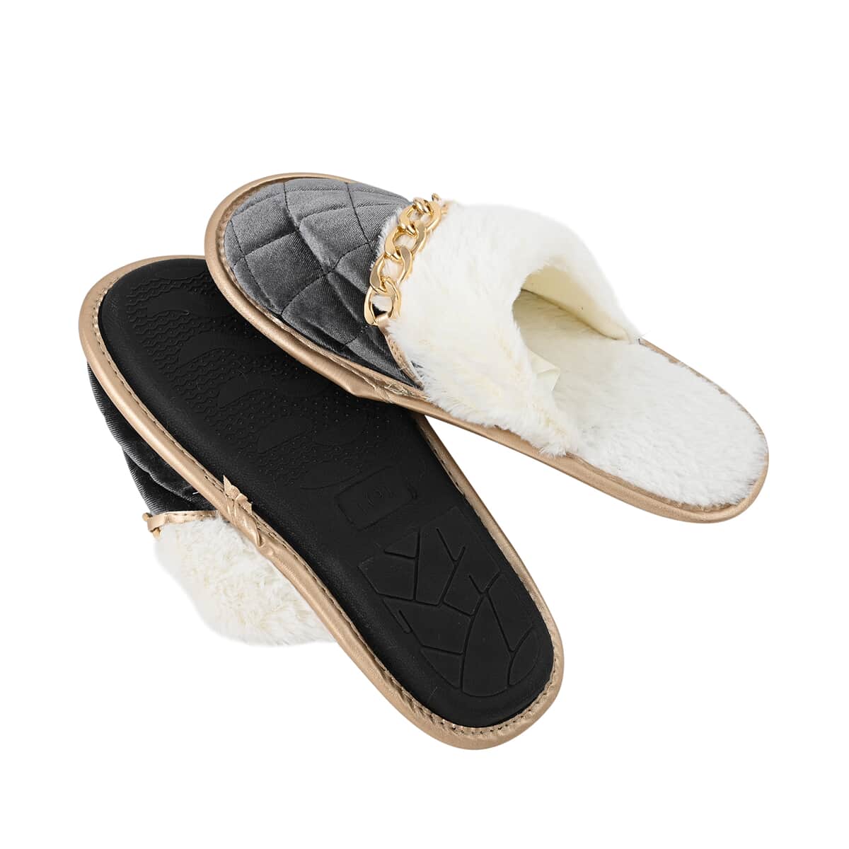Sole Selection Gray Quilted Plush Slippers with Gold Chain - M image number 4