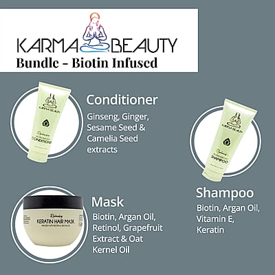 Karma Beauty Bundle- Biotin Infused Shampoo, Conditioner & Keratin Mask (Ships in 12-14 Day), Keratin Biotin Hair Shampoo Conditioner, Haircare Set