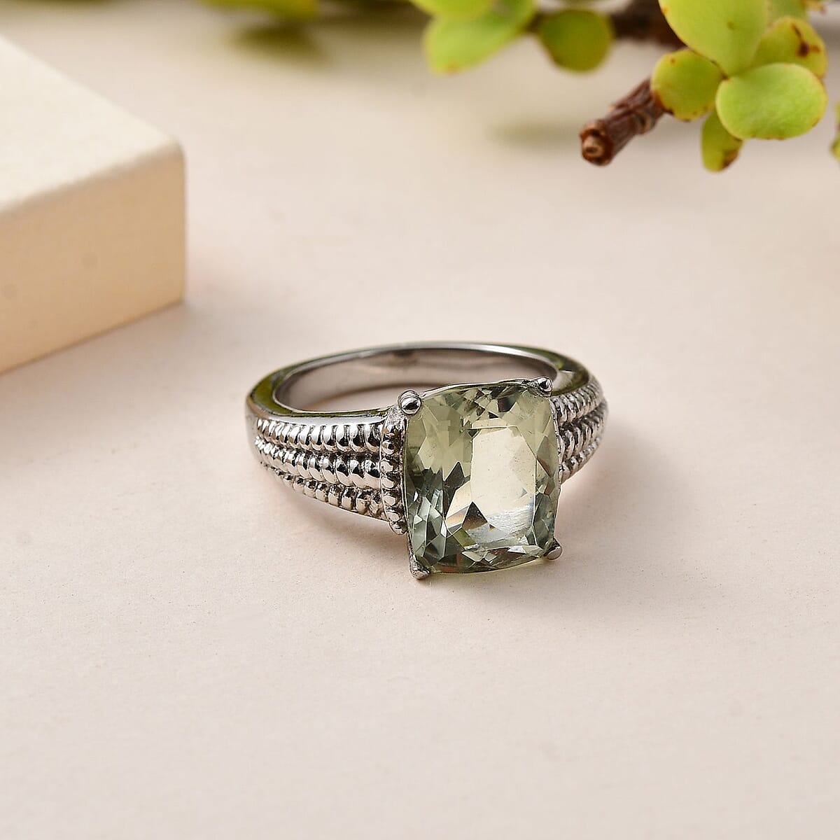 Montezuma Prasiolite Solitaire Ring in Stainless Steel (Size 9.0) 4.00 ctw | Tarnish-Free, Waterproof, Sweat Proof Jewelry image number 1