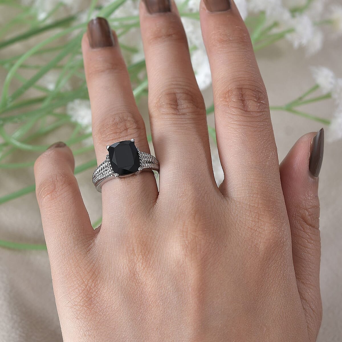 Thai Black Spinel Solitaire Ring in Stainless Steel (Size 8.0) 4.75 ctw image number 2