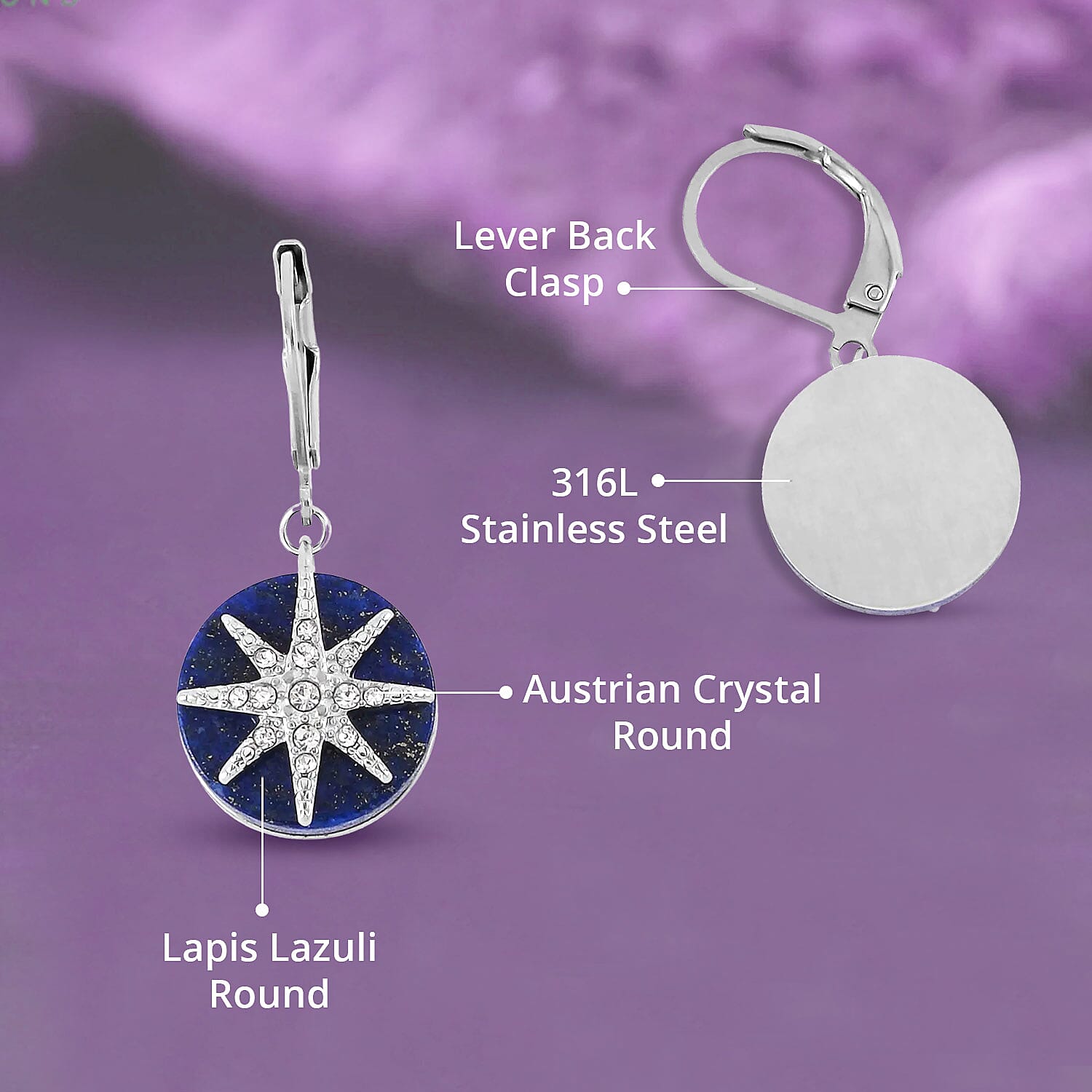 Lapis Lazuli 2.00 ctw and Austrian Crystal Star Earrings in Stainless Steel