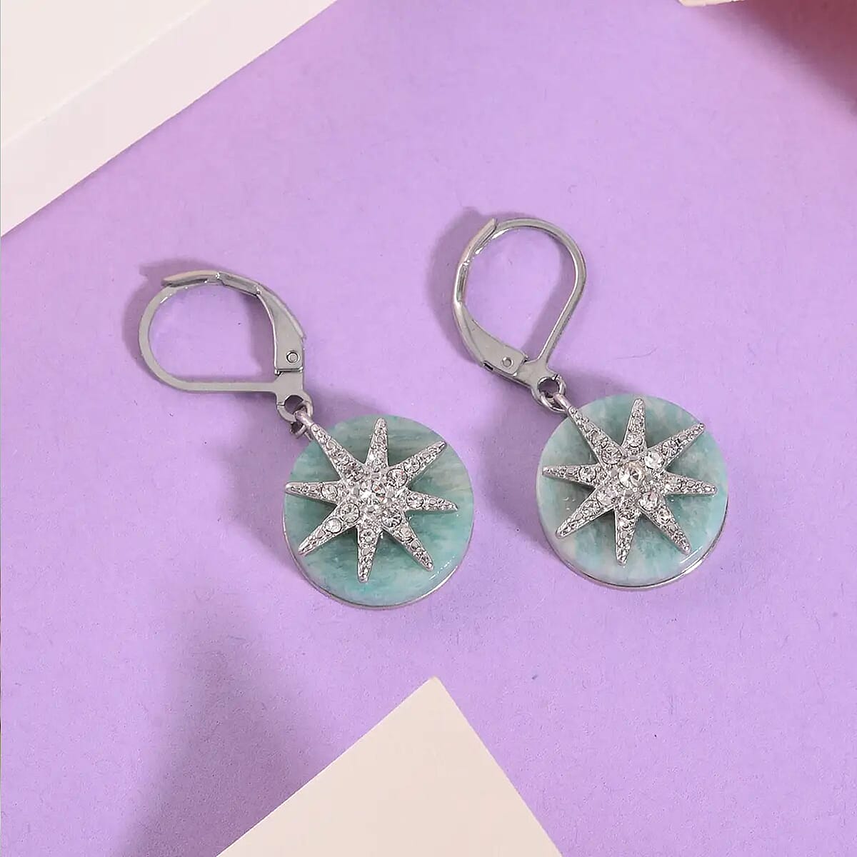 Amazonite 2.00 ctw and Austrian Crystal Star Earrings in Stainless Steel image number 1