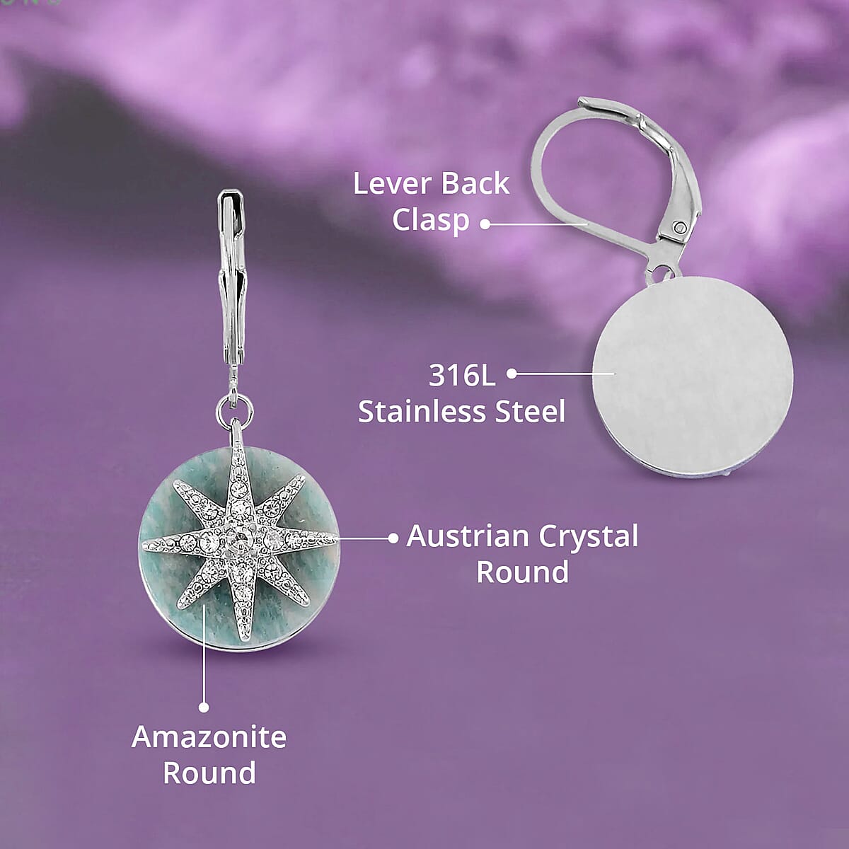 Amazonite 2.00 ctw and Austrian Crystal Star Earrings in Stainless Steel image number 4