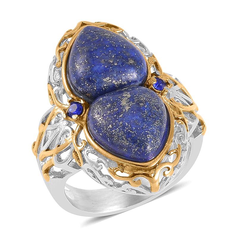Lapis Lazuli and Blue Austrian Crystal Ring in ION Plated YG and Stainless Steel (Size 10.0) 5.00 ctw