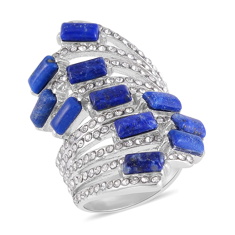 Lapis Lazuli and White Crystal Multi Shank Ring in Stainless Steel (Size 10.0) 3.00 ctw