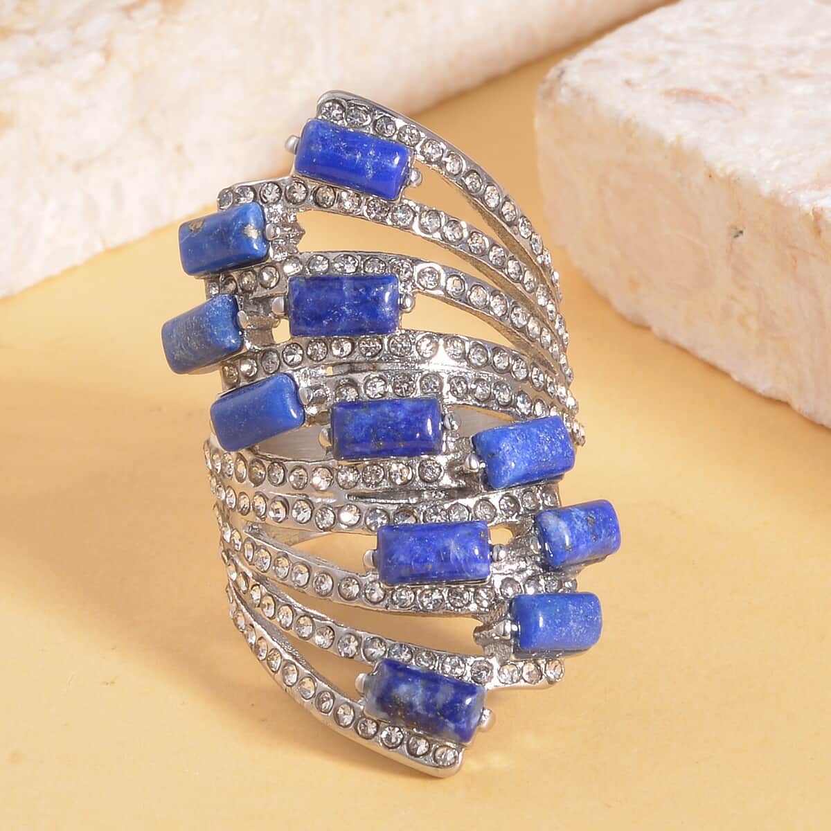 Lapis Lazuli and White Crystal Multi Shank Ring in Stainless Steel (Size 10.0) 3.00 ctw image number 1