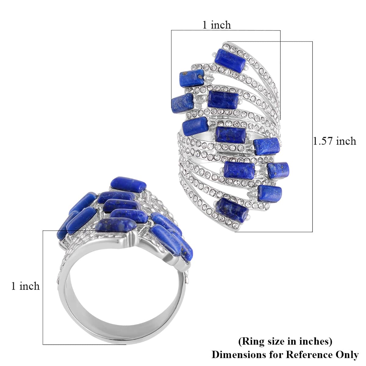 Lapis Lazuli and White Crystal Multi Shank Ring in Stainless Steel (Size 10.0) 3.00 ctw image number 5