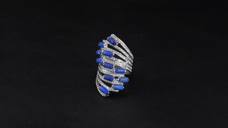 Lapis Lazuli and White Crystal Multi Shank Ring in Stainless Steel (Size 10.0) 3.00 ctw