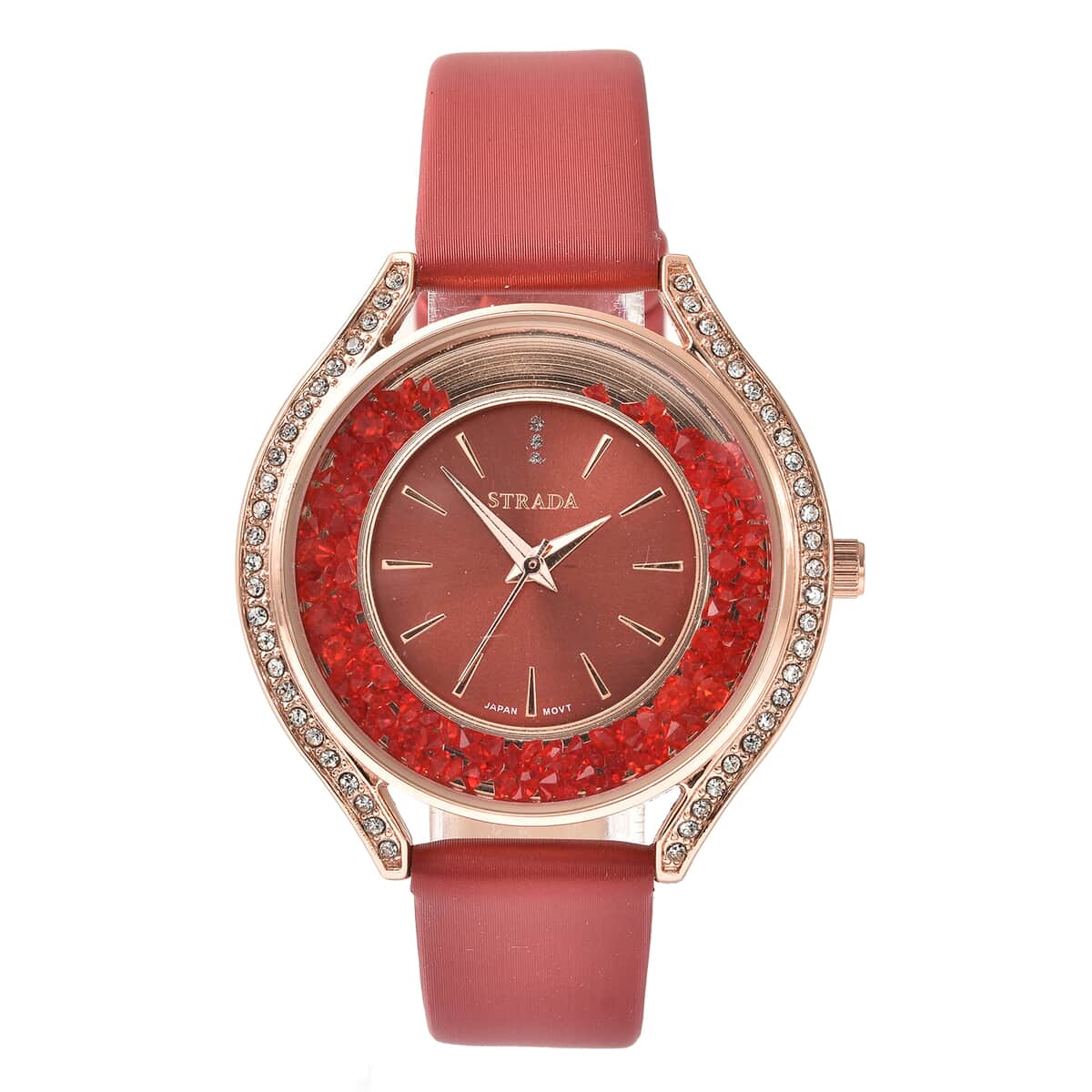 Strada Japanese Movement Red and White Austrian Crystal, Heart Stardust Watch with Red Vegan Leather Strap (40mm) image number 0