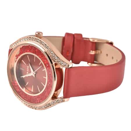 Strada Japanese Movement Red and White Austrian Crystal, Heart Stardust Watch with Red Vegan Leather Strap (40mm) image number 4