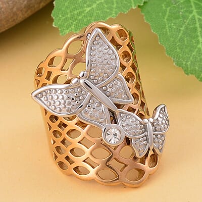 Austrian Crystal Butterfly Ring in ION Plated YG and Stainless Steel (Size 10.0)