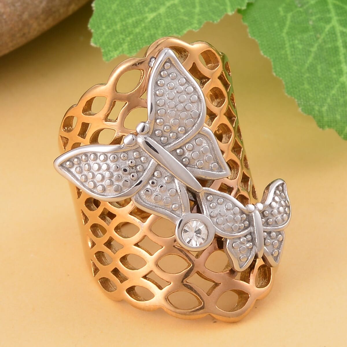 Austrian Crystal Butterfly Ring in ION Plated YG and Stainless Steel (Size 7.0) image number 1