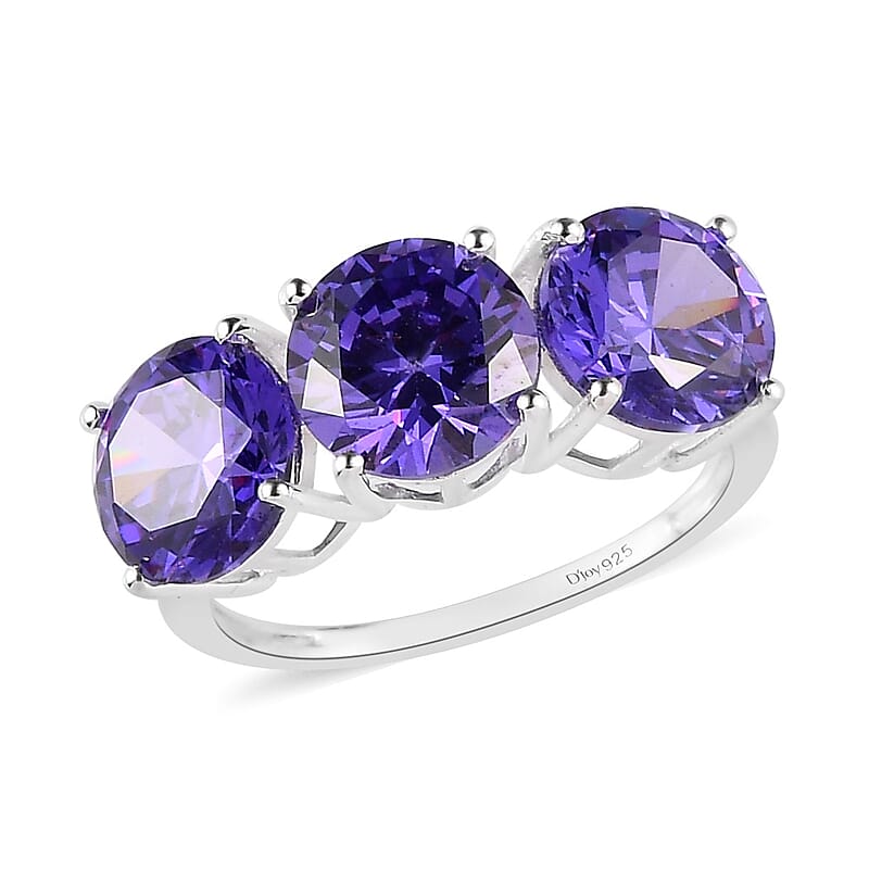 Simulated Tanzanite Color Diamond 3 Stone Ring in Sterling Silver (Size 10.0) 10.50 ctw