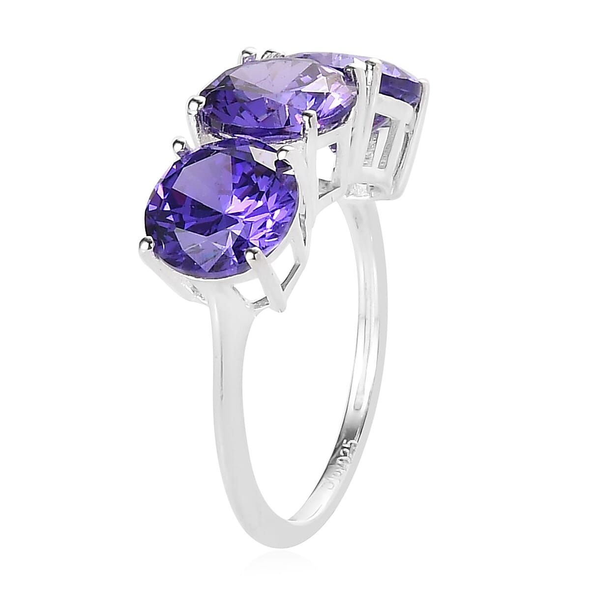 Simulated Tanzanite Color Diamond 3 Stone Ring in Sterling Silver (Size 8.0) 10.50 ctw image number 3