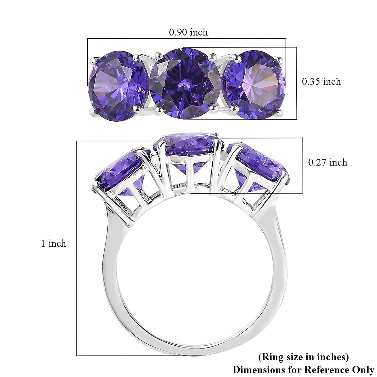 Simulated Tanzanite Color Diamond 3 Stone Ring in Sterling Silver (Size 8.0) 10.50 ctw image number 5