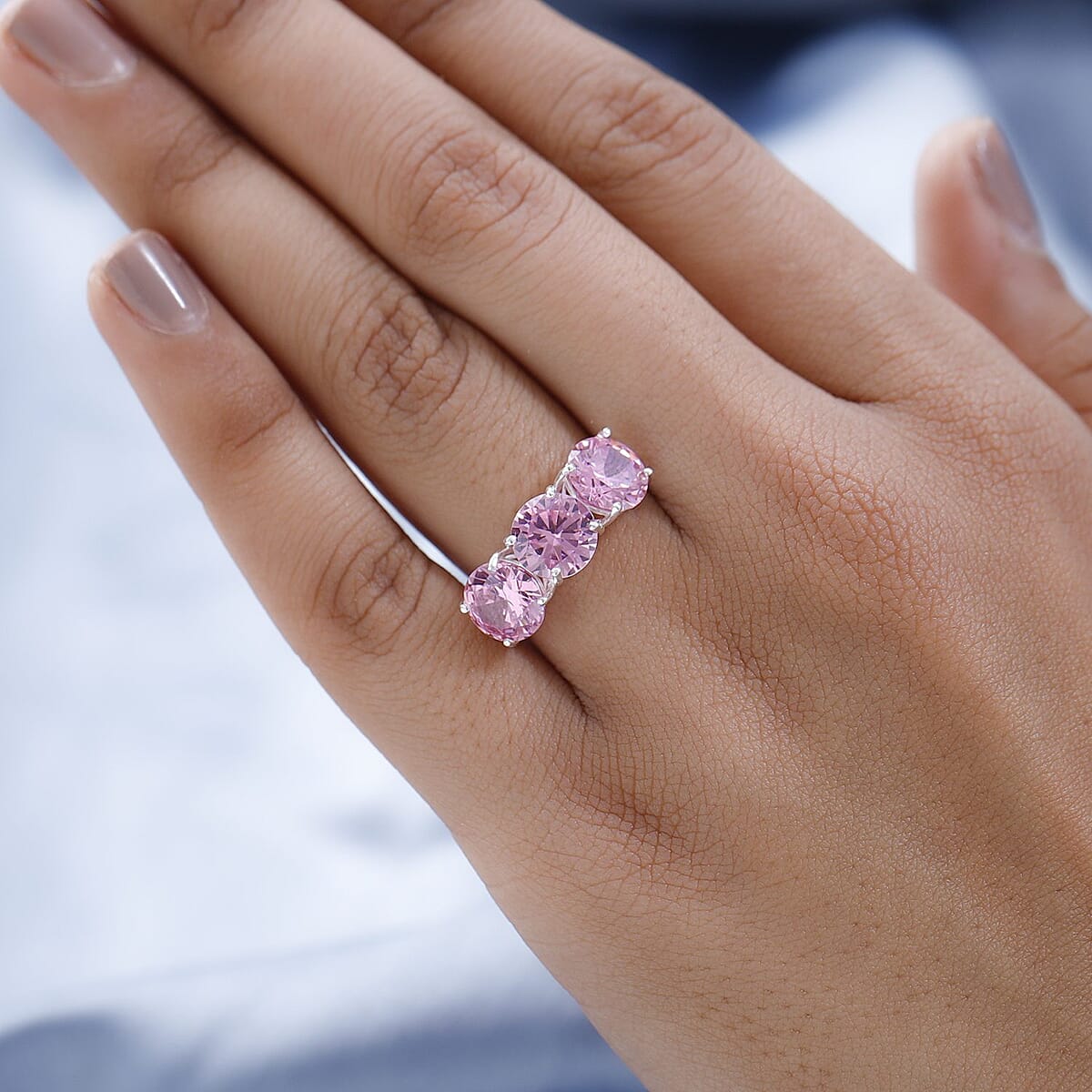 Simulated Pink Diamond 3 Stone Ring in Sterling Silver (Size 6.0) 10.25 ctw image number 2