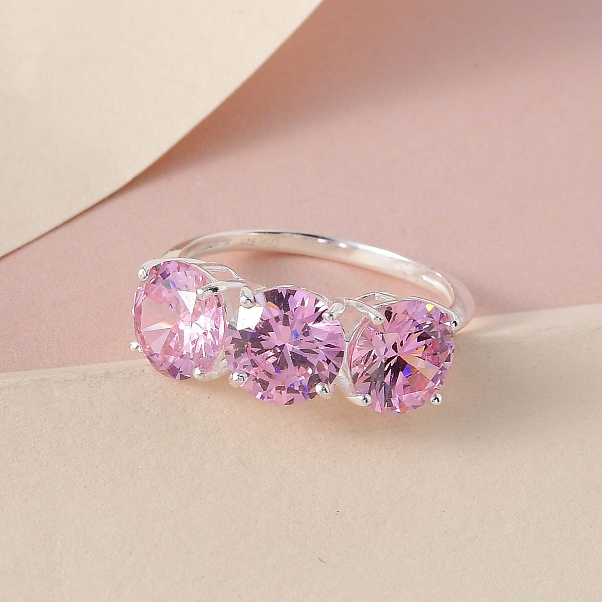 Simulated Pink Diamond 3 Stone Ring in Sterling Silver (Size 8.0) 10.25 ctw image number 1