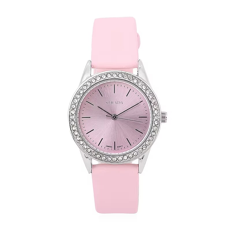 Strada Austrian Crystal Japanese Movement Watch with Pink Vegan Leather Strap