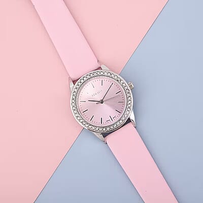 Strada Austrian Crystal Japanese Movement Watch with Pink Vegan Leather Strap