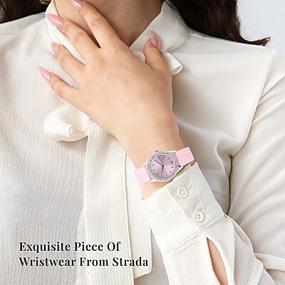 Strada Austrian Crystal Japanese Movement Watch with Pink Vegan Leather Strap