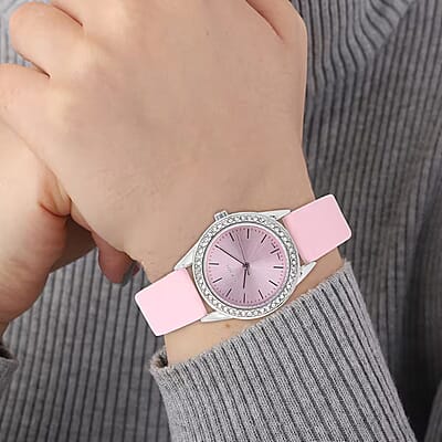 Strada Austrian Crystal Japanese Movement Watch with Pink Vegan Leather Strap