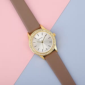Strada Austrian Crystal Japanese Movement Watch with Camel Vegan Leather Strap