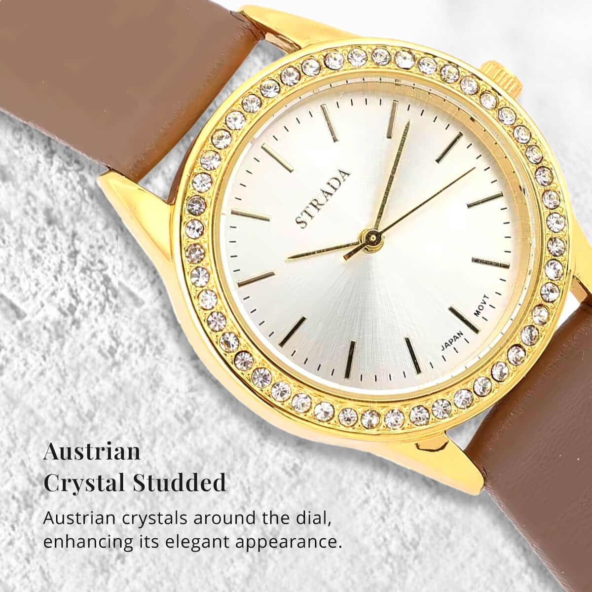 Strada Austrian Crystal Japanese Movement Watch with Camel Vegan Leather Strap image number 3