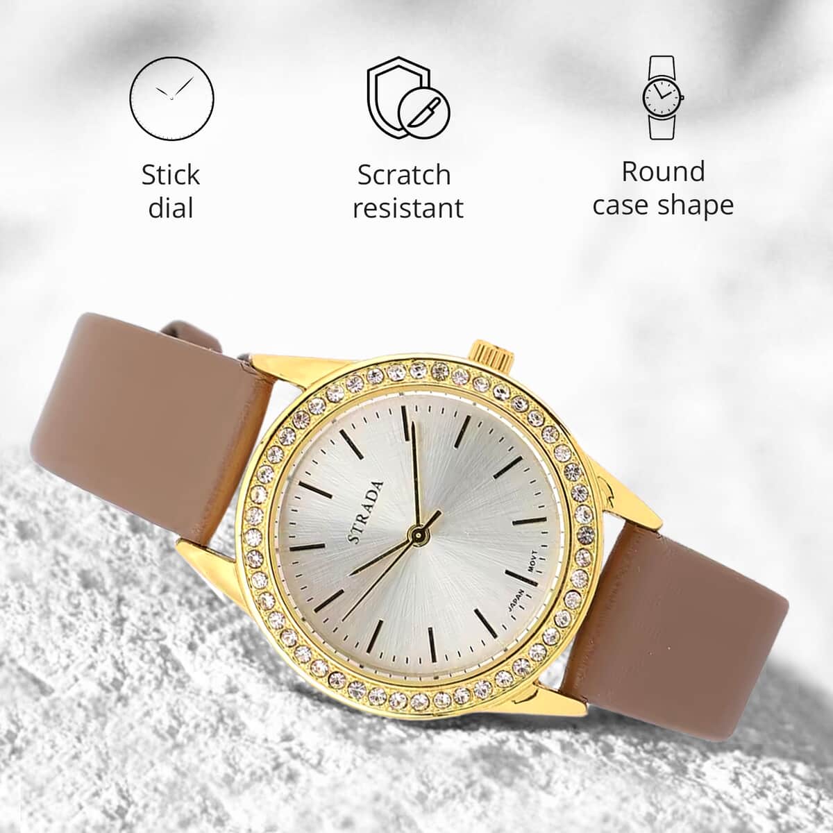 Strada Austrian Crystal Japanese Movement Watch with Camel Vegan Leather Strap image number 4