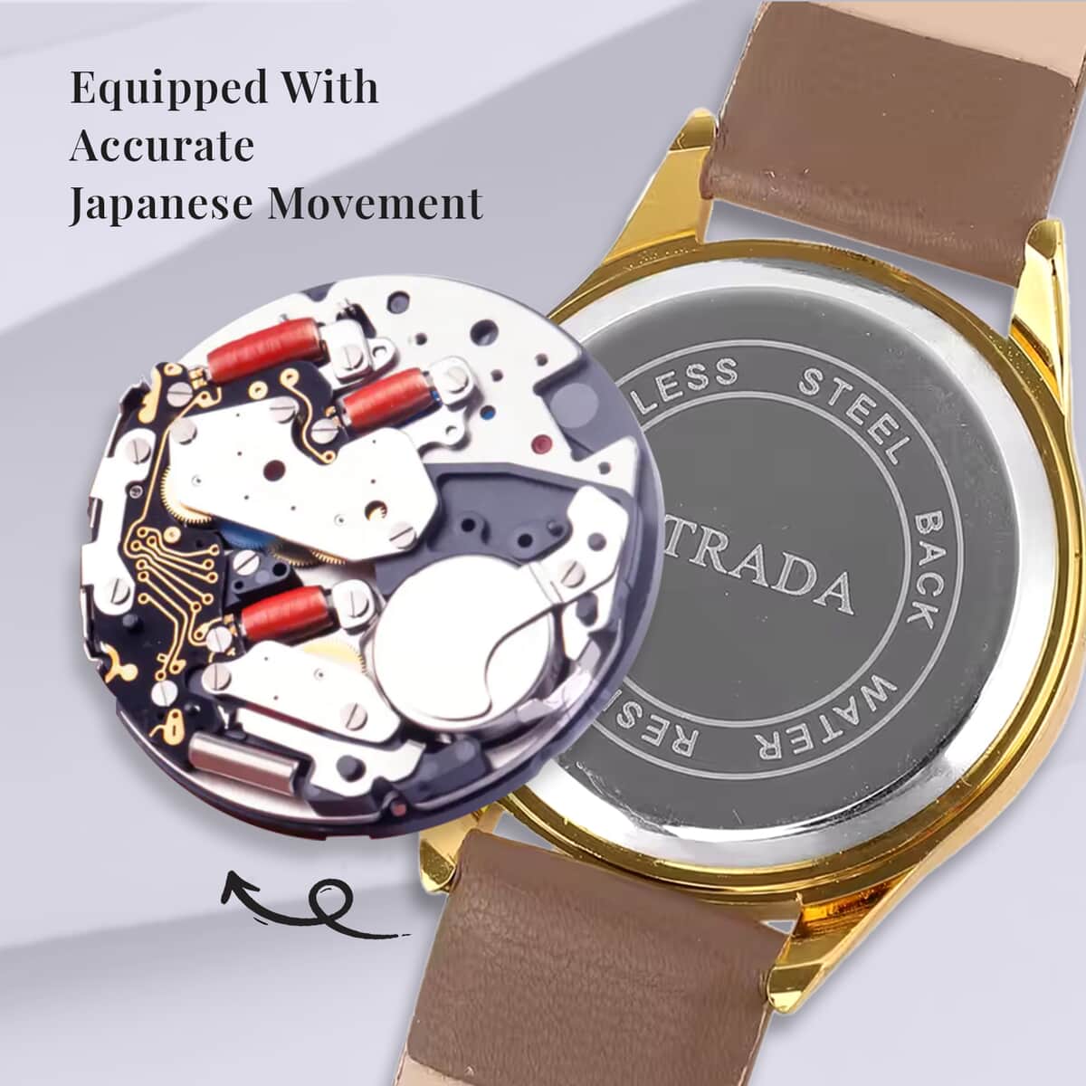 Strada Austrian Crystal Japanese Movement Watch with Camel Vegan Leather Strap image number 5