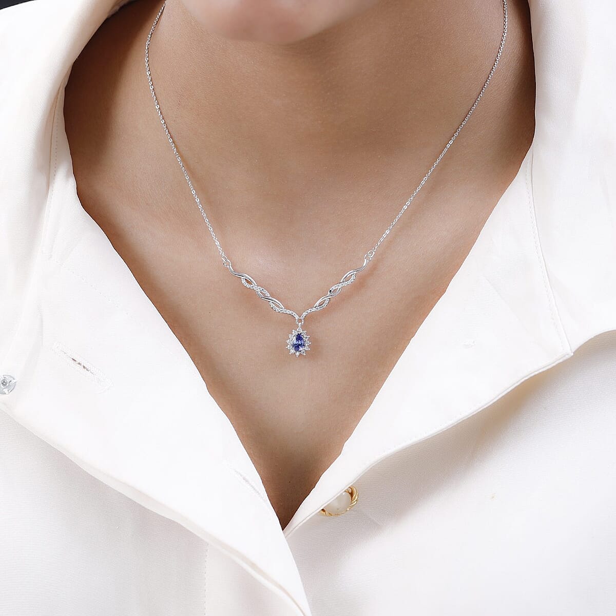 AAA Tanzanite and Moissanite Necklace 18 Inches in Platinum Over Sterling Silver 0.75 ctw image number 2