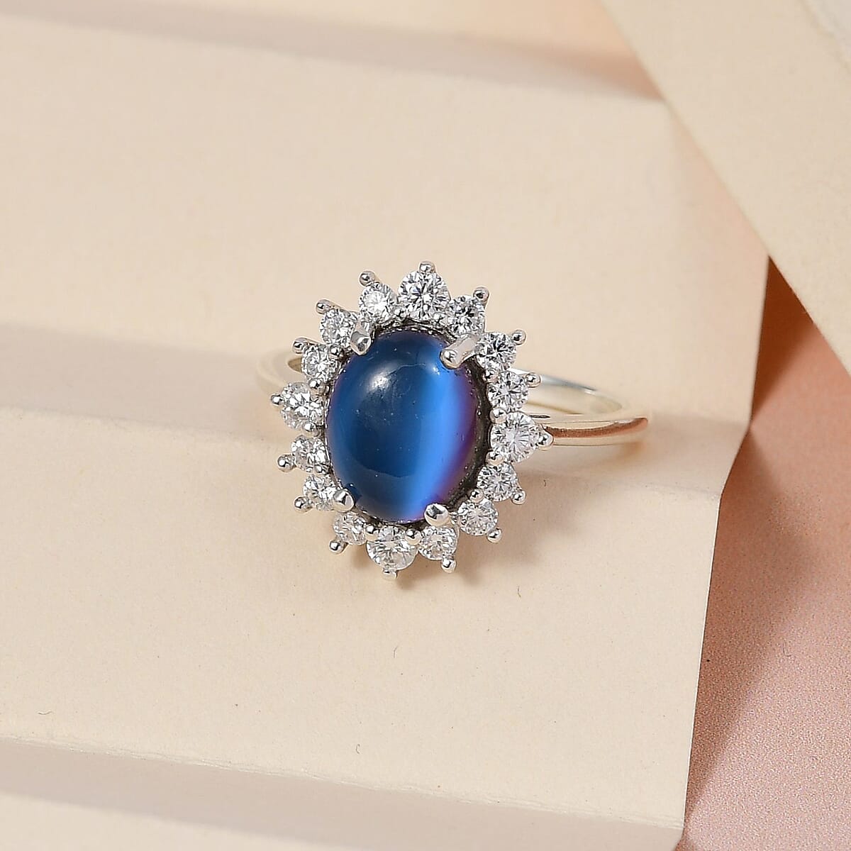 Aurora Moonstone (D) and Moissanite Sunburst Ring in Platinum Over Sterling Silver (Size 6.0) 3.50 ctw image number 1