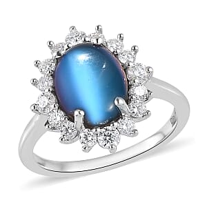 Aurora Moonstone (D) and Moissanite Sunburst Ring in Platinum Over Sterling Silver (Size 7.0) 3.50 ctw