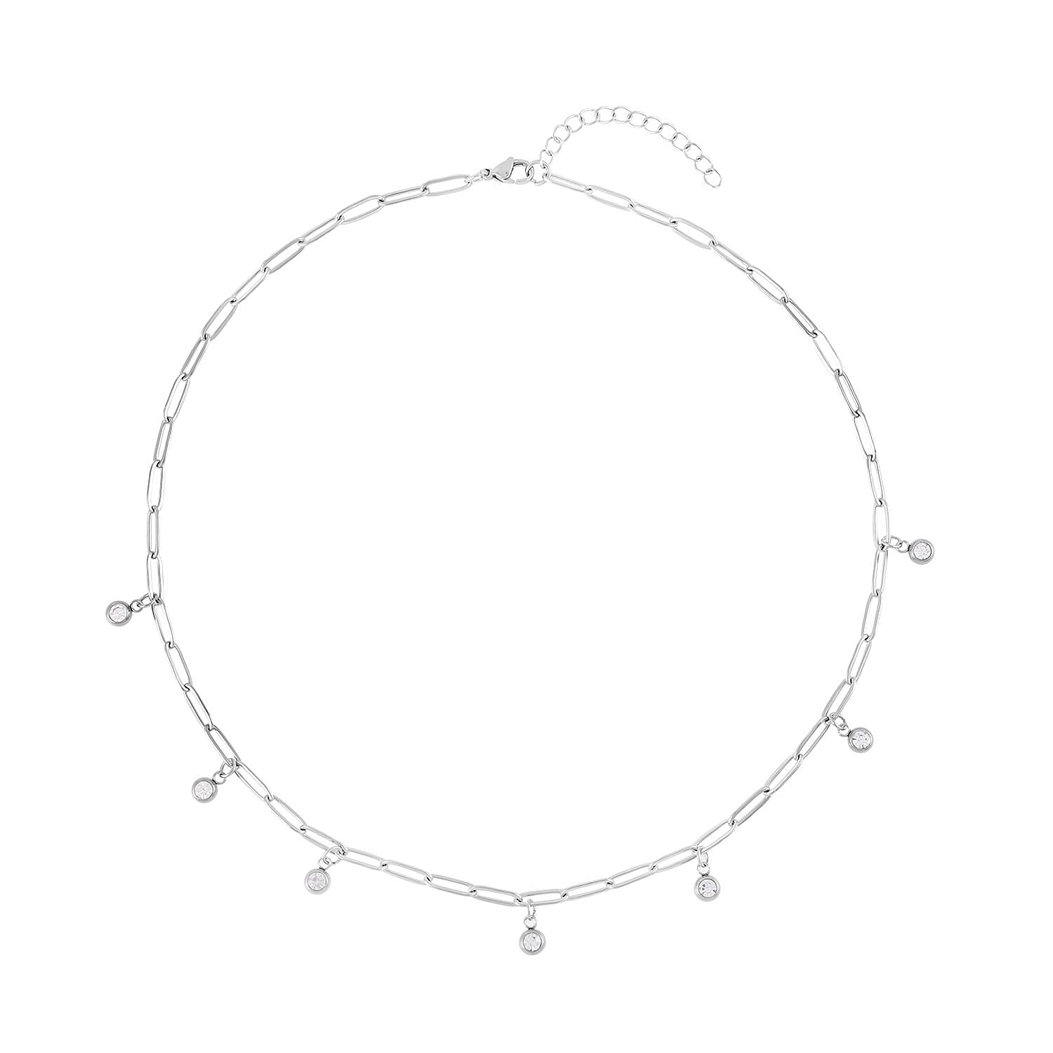 Austrian Crystal Paper Clip Chain Station Necklace (20-22 Inches) in Stainless Steel , Tarnish-Free, Waterproof, Sweat Proof Jewelry