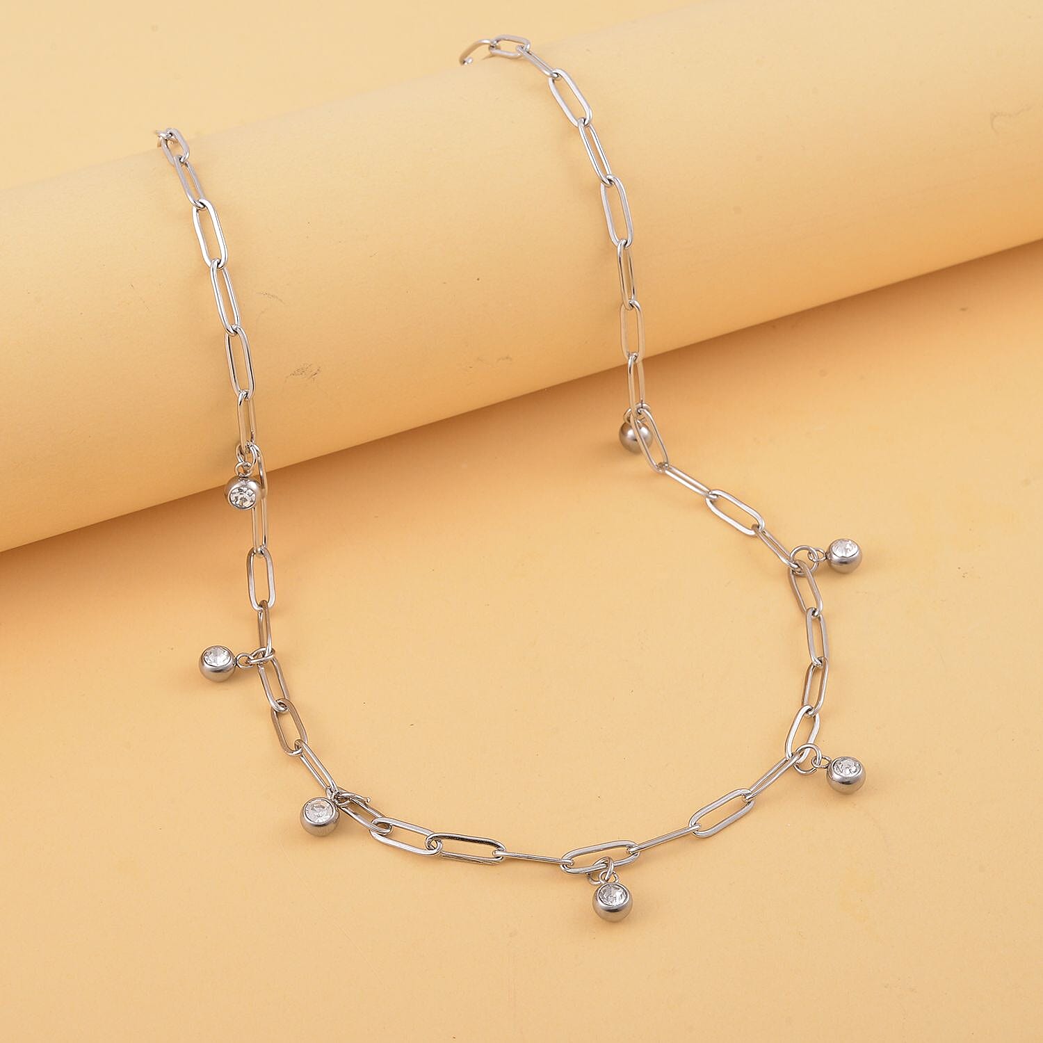 Austrian Crystal Paper Clip Chain Station Necklace (20-22 Inches) in Stainless Steel , Tarnish-Free, Waterproof, Sweat Proof Jewelry