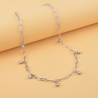 Austrian Crystal Paper Clip Chain Station Necklace (20-22 Inches) in Stainless Steel , Tarnish-Free, Waterproof, Sweat Proof Jewelry