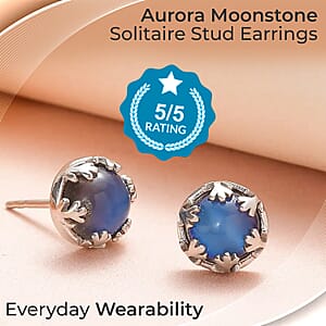 Aurora Moonstone Earrings, Solitaire Stud Earrings, Moonstone Studs, Sterling Silver Earrings 3.00 ctw