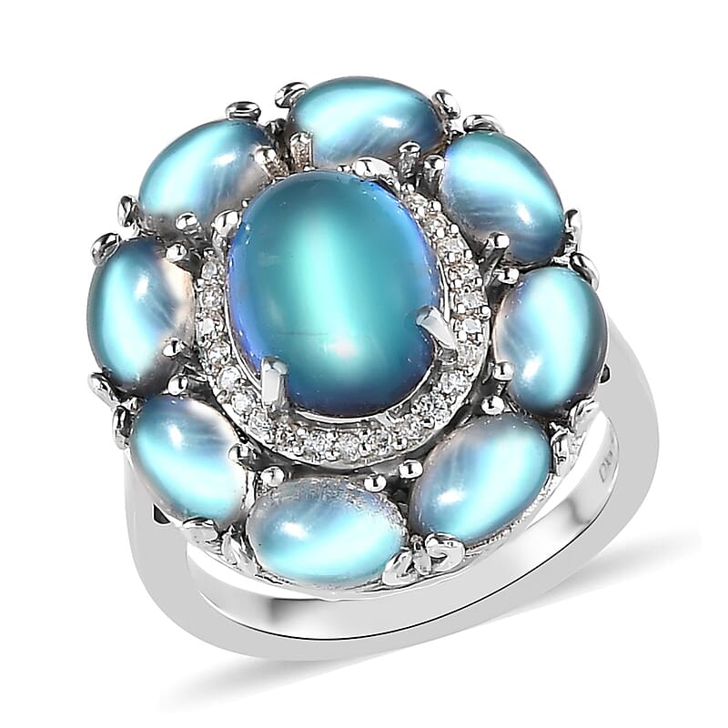 Aurora Moonstone (D) and White Zircon Cocktail Ring in Platinum Over Sterling Silver (Size 10.0) 7.50 ctw
