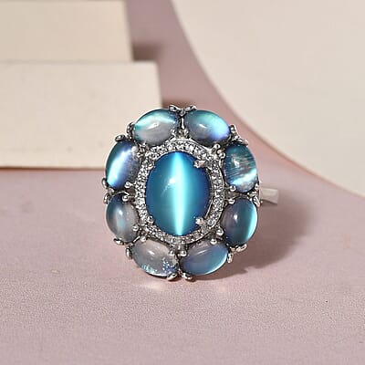 Aurora Moonstone (D) and White Zircon Cocktail Ring in Platinum Over Sterling Silver (Size 10.0) 7.50 ctw
